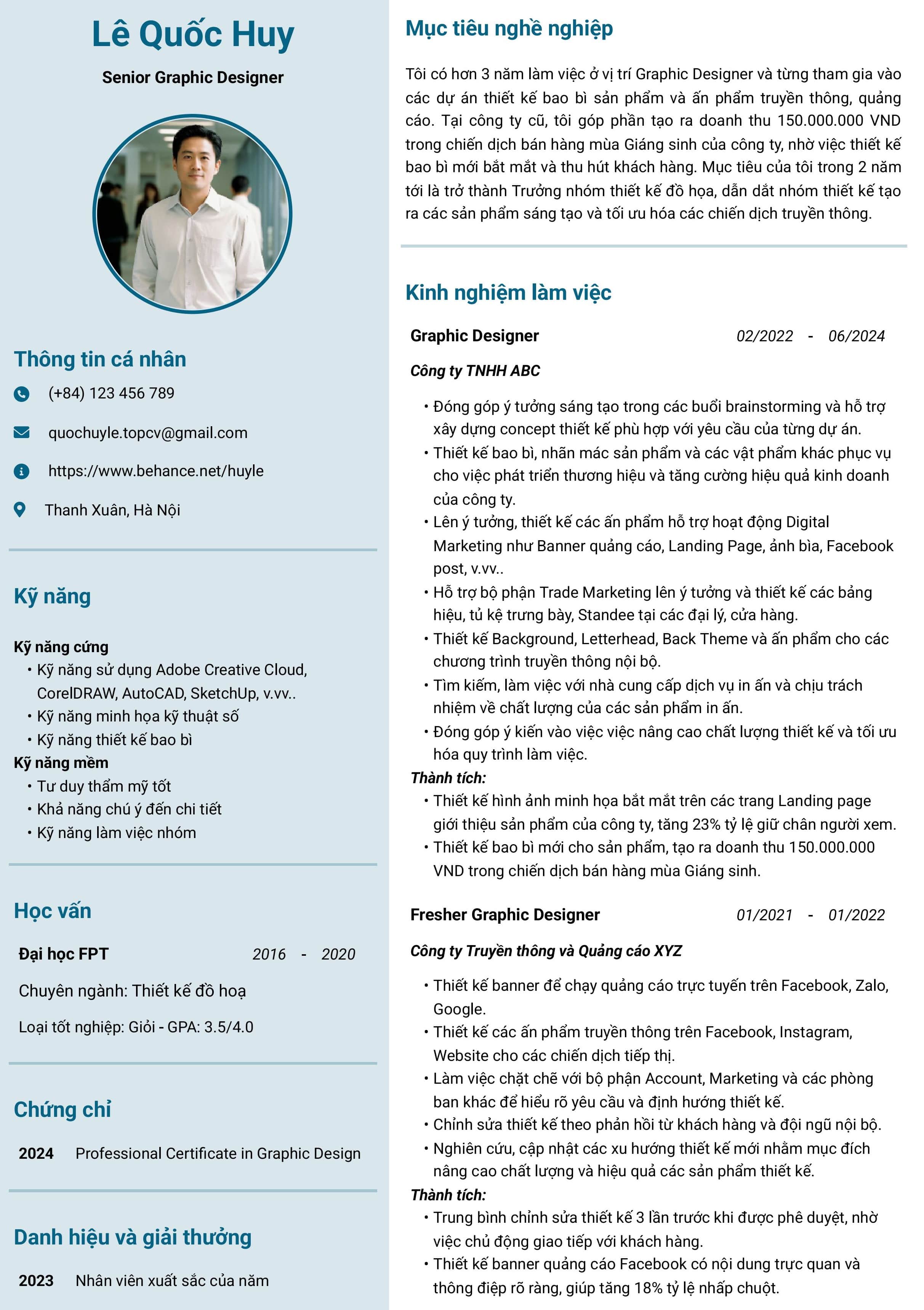 Mẫu CV Chuyên viên thiết kế đồ họa (Senior Graphic Designer)